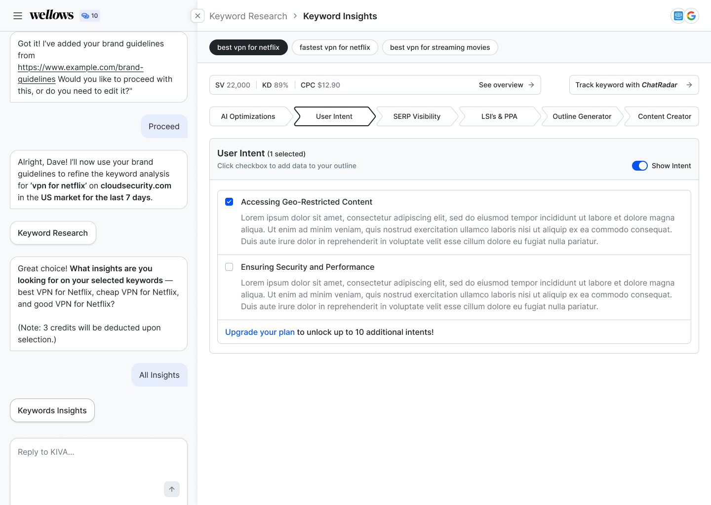 User intent selection in chat UI