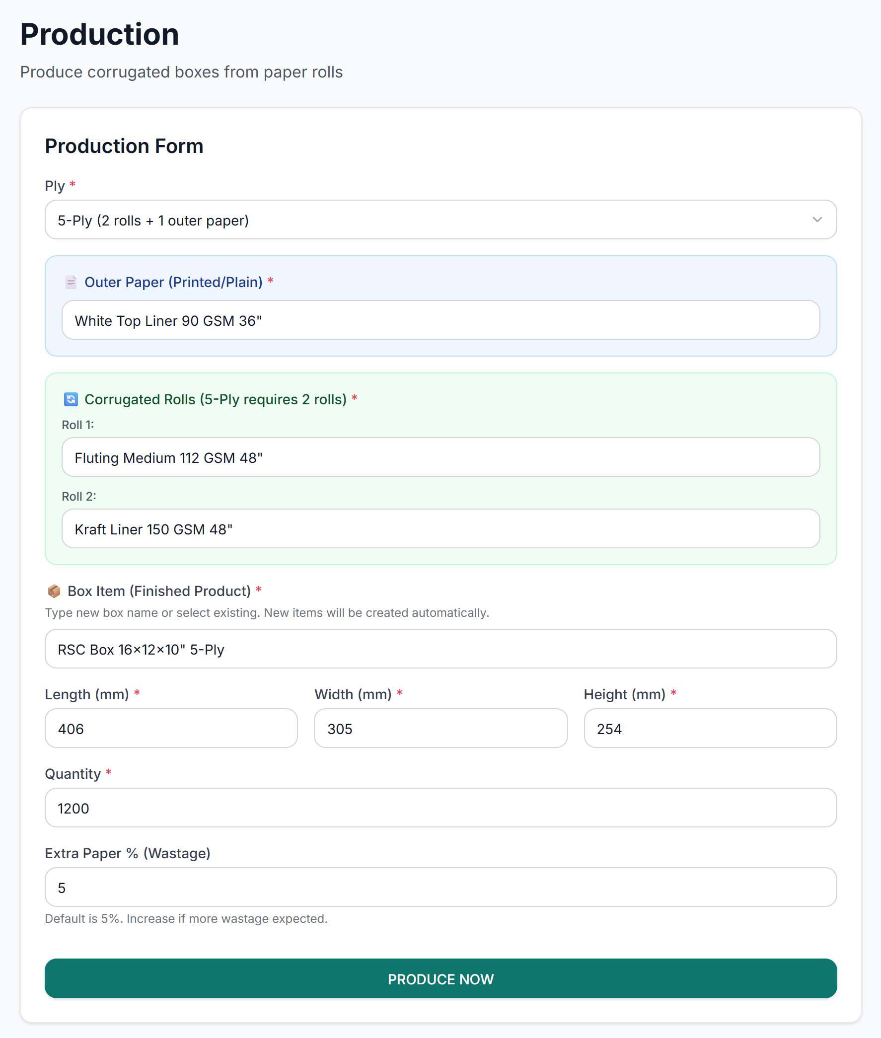 Production form for a 5-ply RSC box