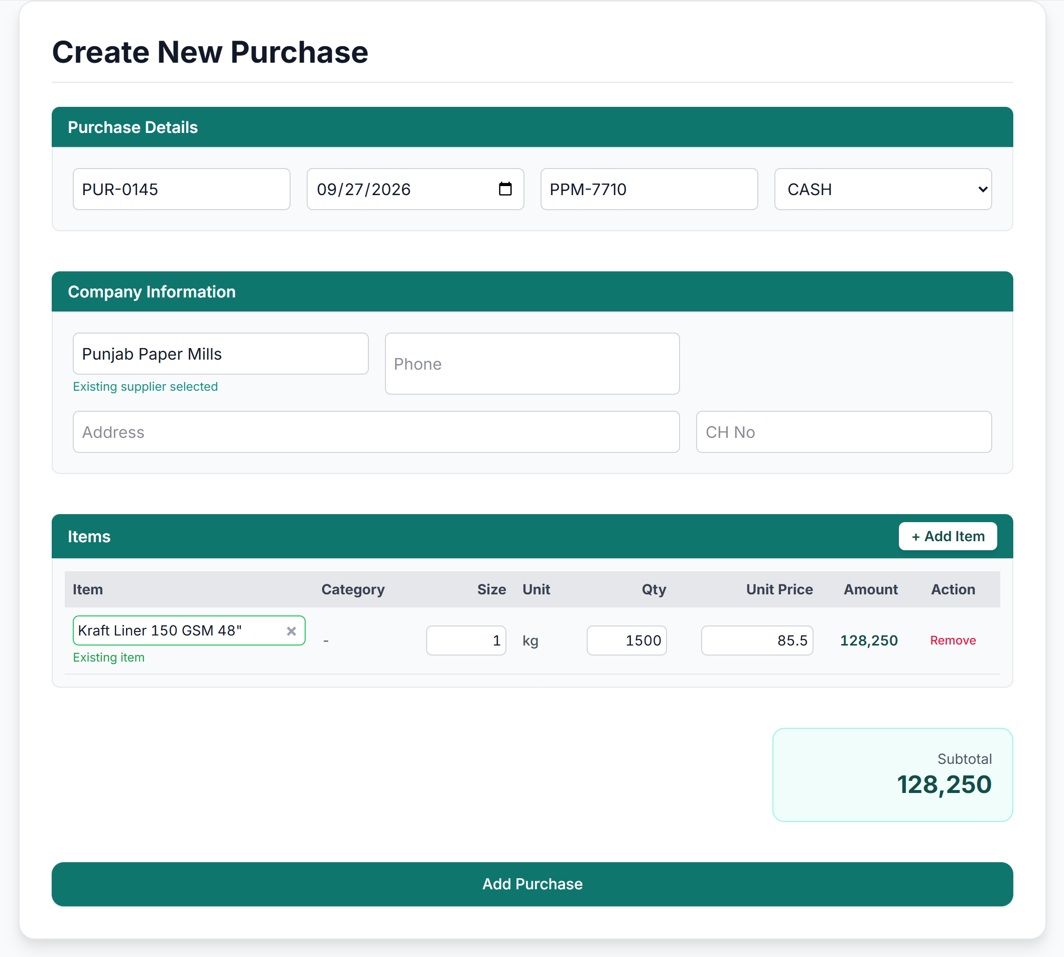 Create new purchase form filled with a Punjab Paper Mills bill